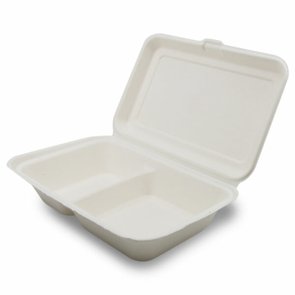 Boîte Repas 2 Compartiments Bagasse Ouvert 24.1x16.3x6.5cm