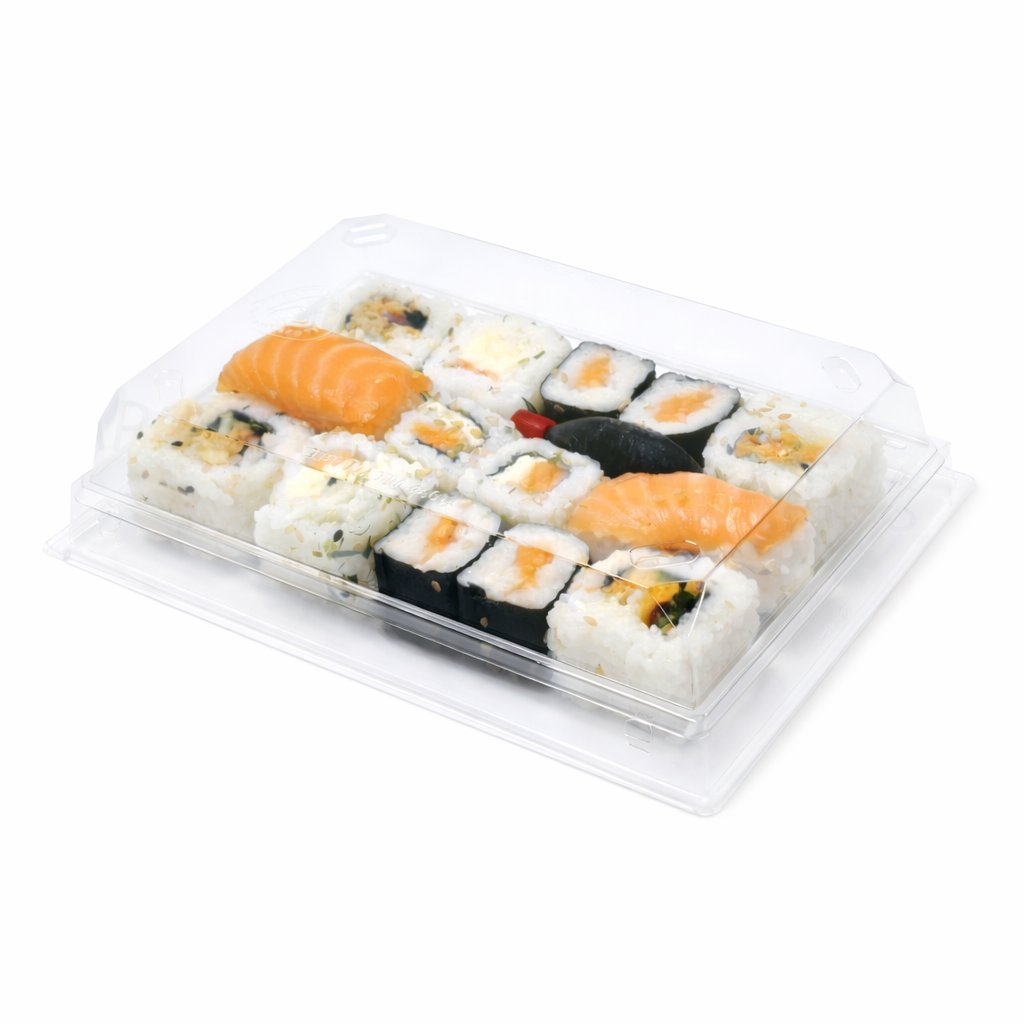 B2739 Barquette sushi + couvercle transparent - Carton de 480, Transparent, 160x105x20mm, rPET / POP (Prevented Ocean Plastic)